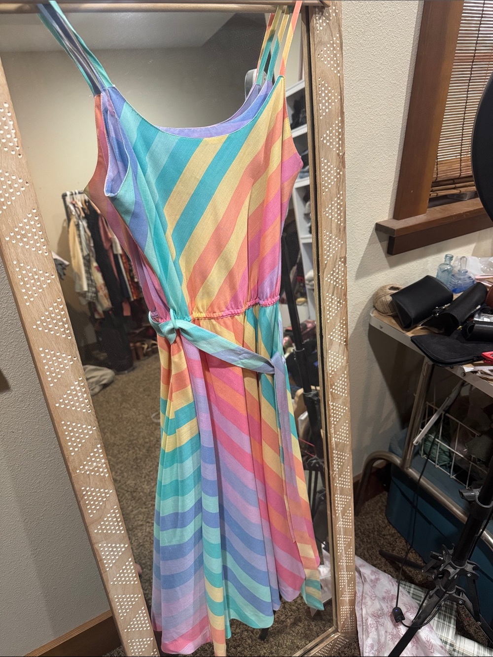 Pastel Rainbow Stripe Midi Dress with Tie Waist